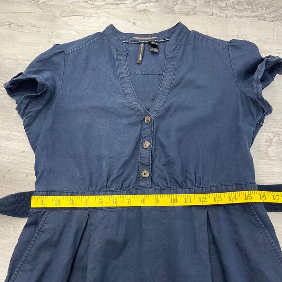 Mango Linen Navy Blue Short Sleeve V Neck Belted Knee Length Preppy Money Dress - Picture 10 of 11